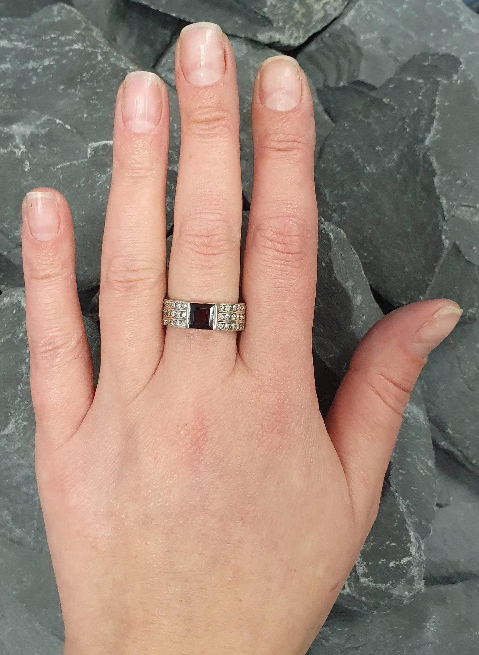 Natural Garnet Ring - Triple Diamond Band - Red Square Ring