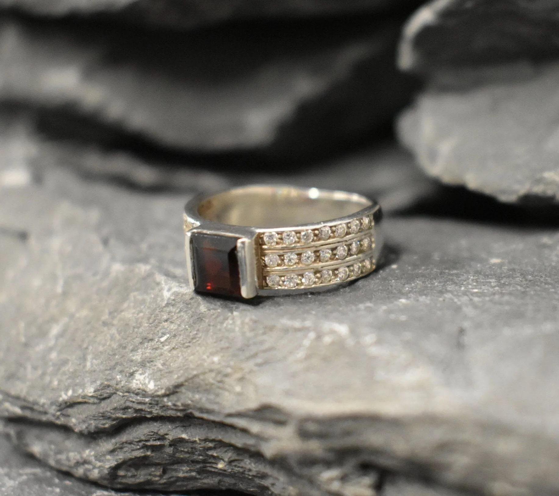 Natural Garnet Ring - Triple Diamond Band - Red Square Ring