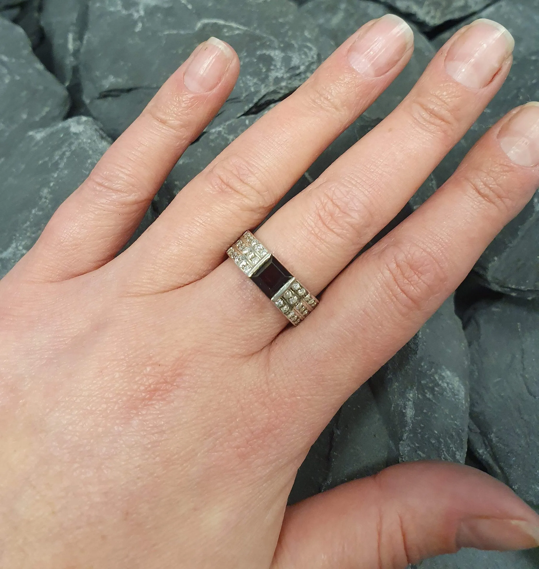Natural Garnet Ring - Triple Diamond Band - Red Square Ring