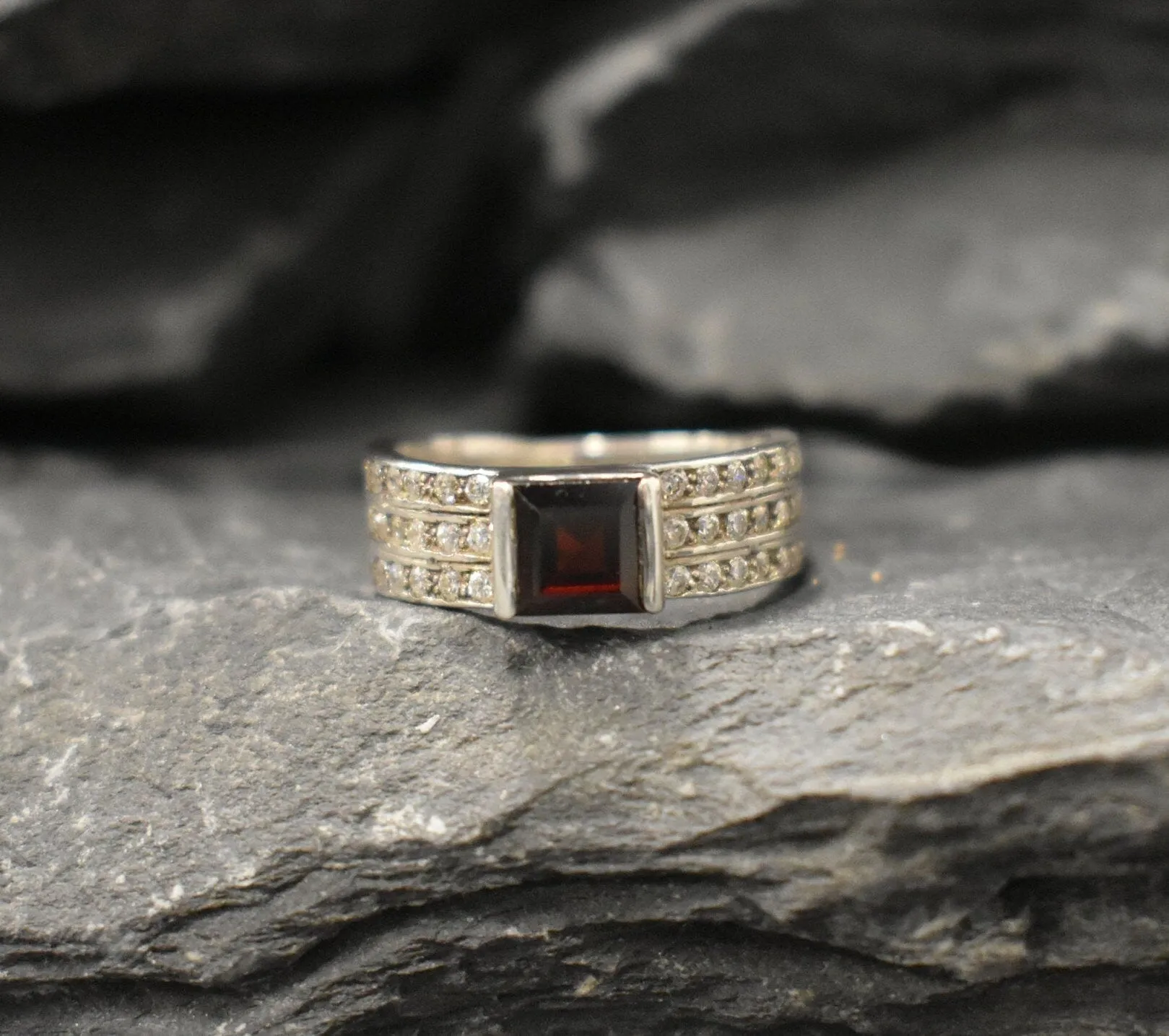 Natural Garnet Ring - Triple Diamond Band - Red Square Ring