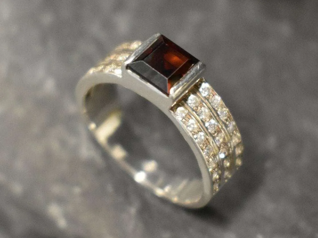 Natural Garnet Ring - Triple Diamond Band - Red Square Ring
