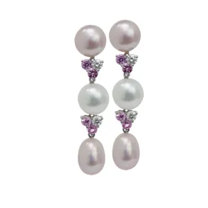 Pink and White Cultured Pearl, Sapphire and Diamond Earrings
