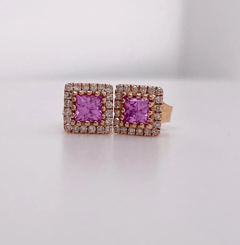 Pink Sapphire Diamond Halo Stud Earrings