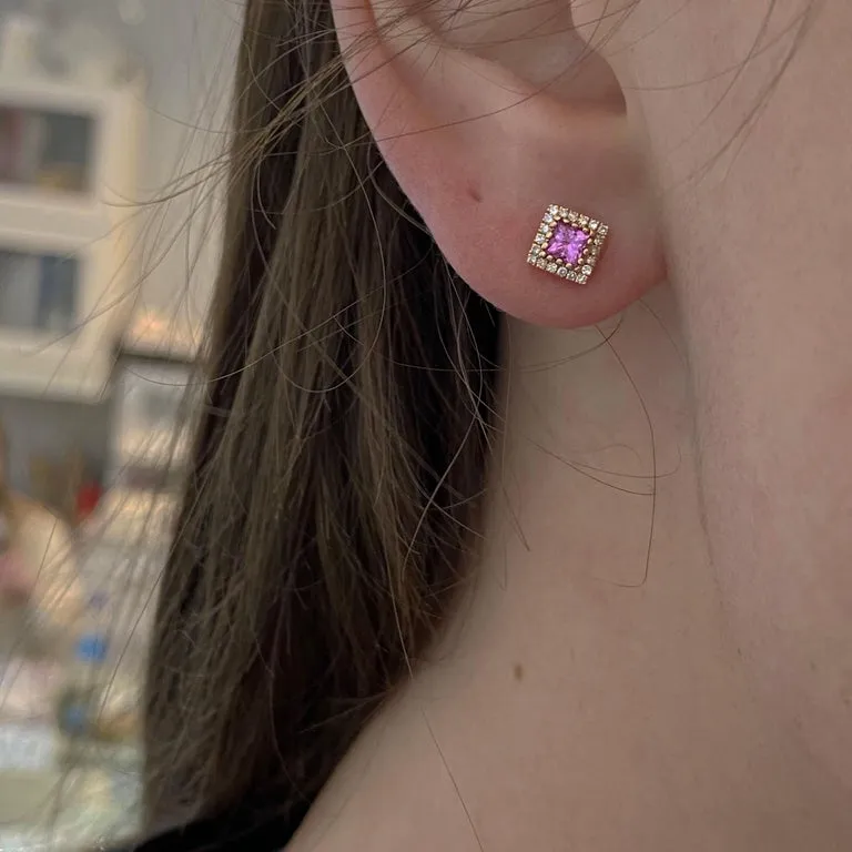 Pink Sapphire Diamond Halo Stud Earrings