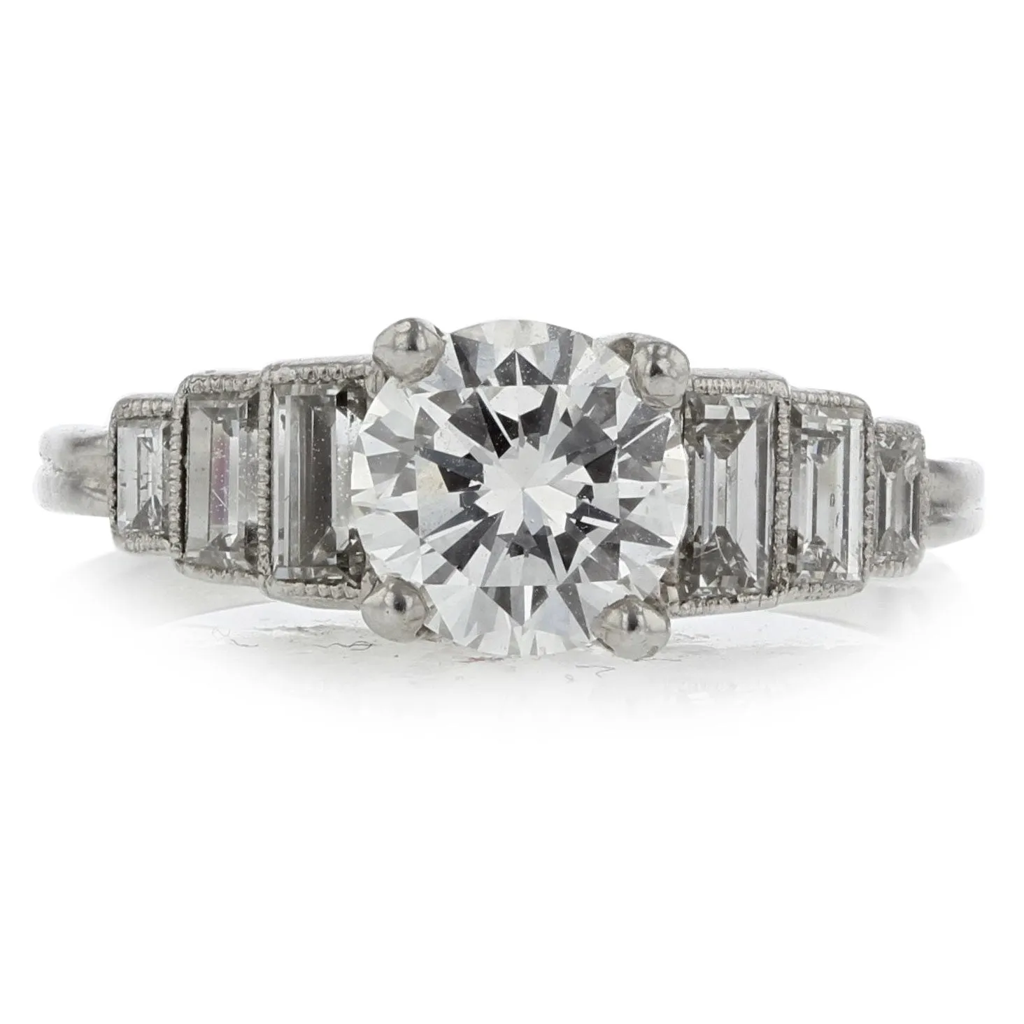 PLATINUM 1 ROUND BRILLIANT DIAMOND=1.00CT (E/VS2) EGL 6 STRAIGHT BAGUETTE DIAMONDS=0.44CTS RING