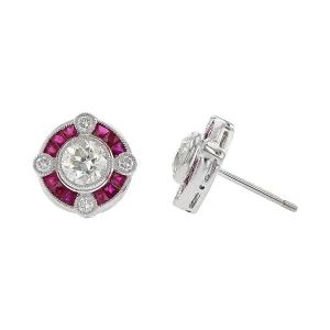 Platinum Diamond and Ruby Halo Stud Earrings