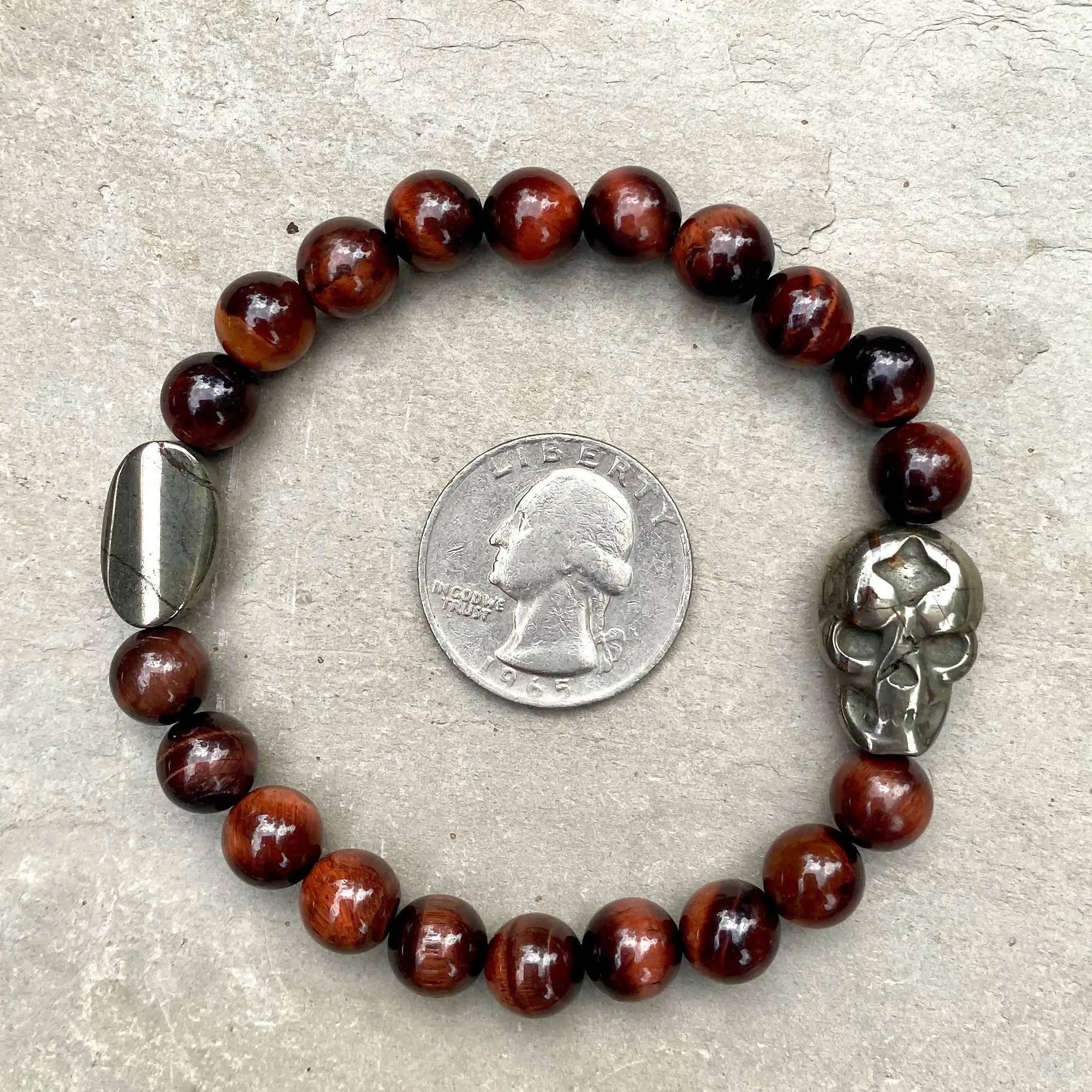Pyrite Skull and Genuine Gemstones Men’s Stretch Bracelet