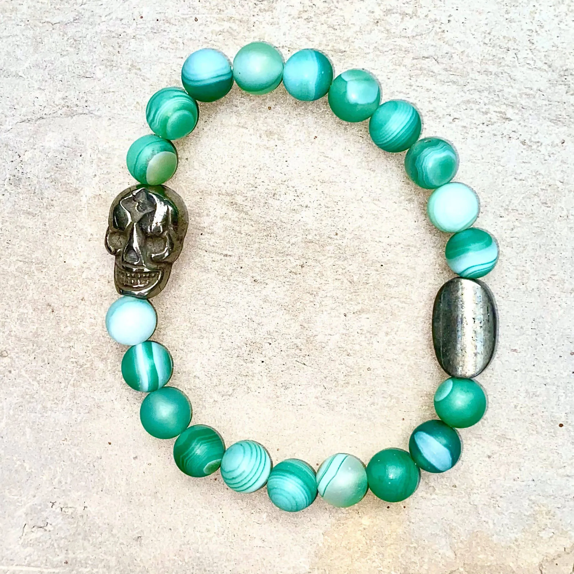 Pyrite Skull and Genuine Gemstones Men’s Stretch Bracelet