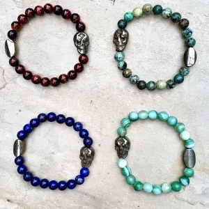 Pyrite Skull and Genuine Gemstones Men’s Stretch Bracelet