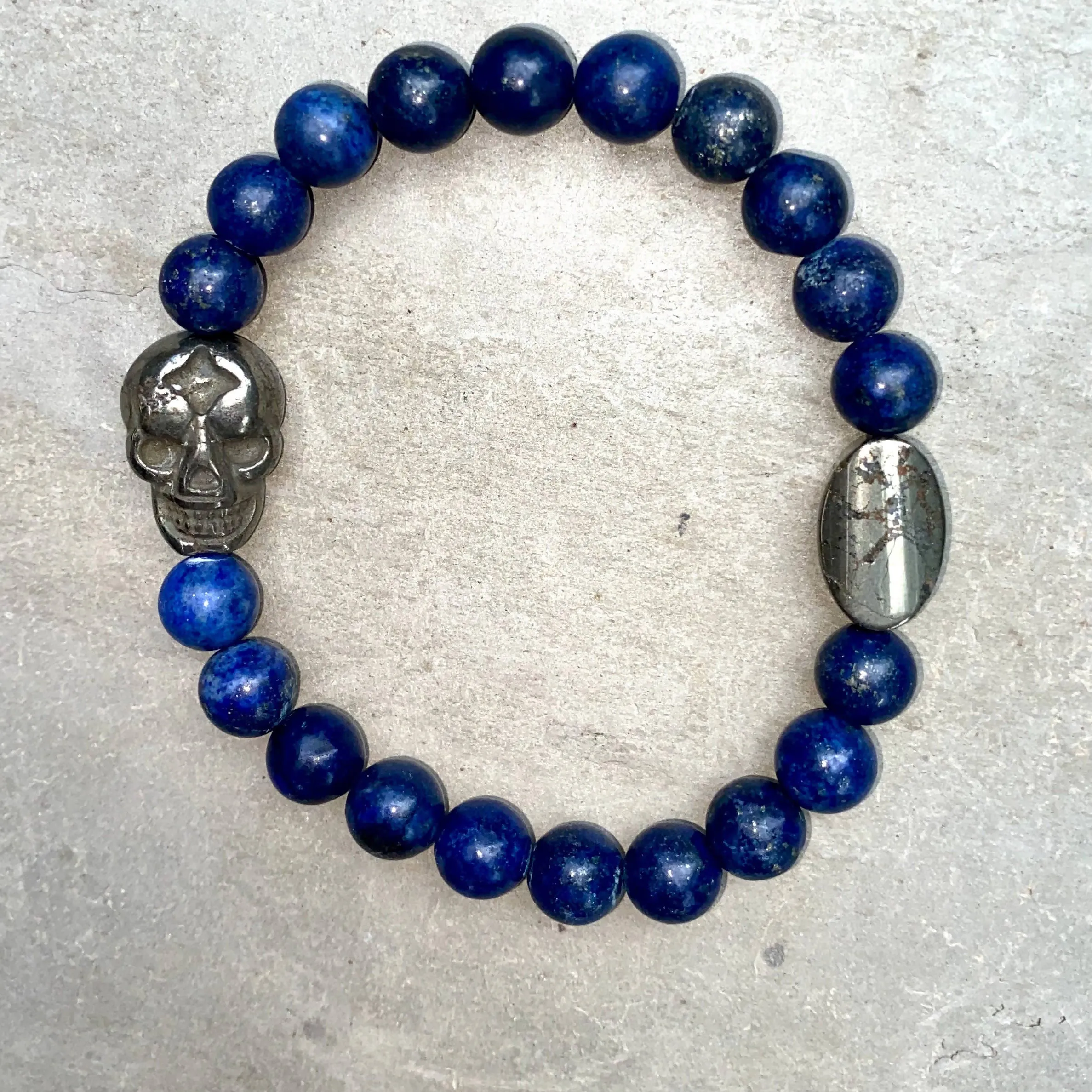 Pyrite Skull and Genuine Gemstones Men’s Stretch Bracelet