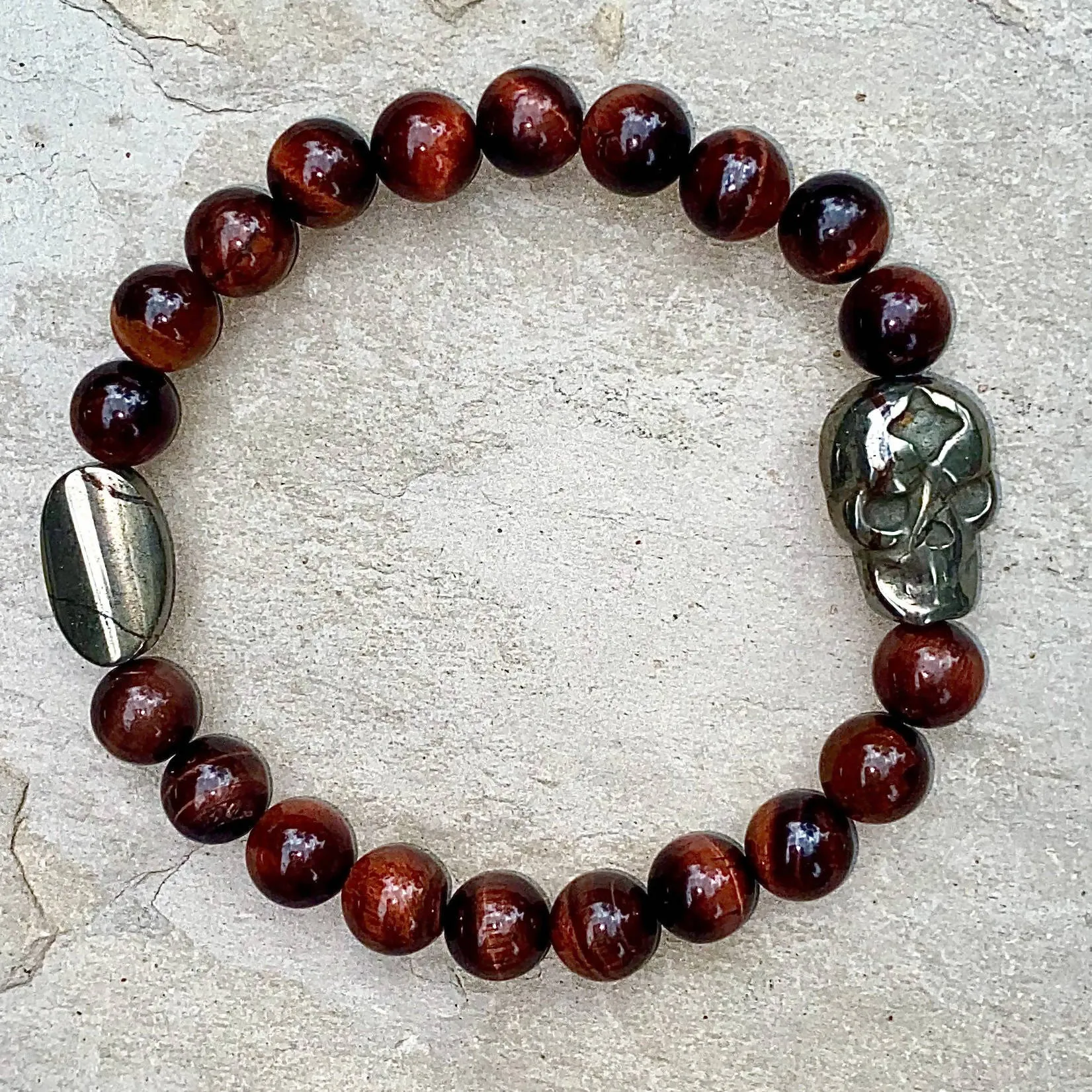 Pyrite Skull and Genuine Gemstones Men’s Stretch Bracelet
