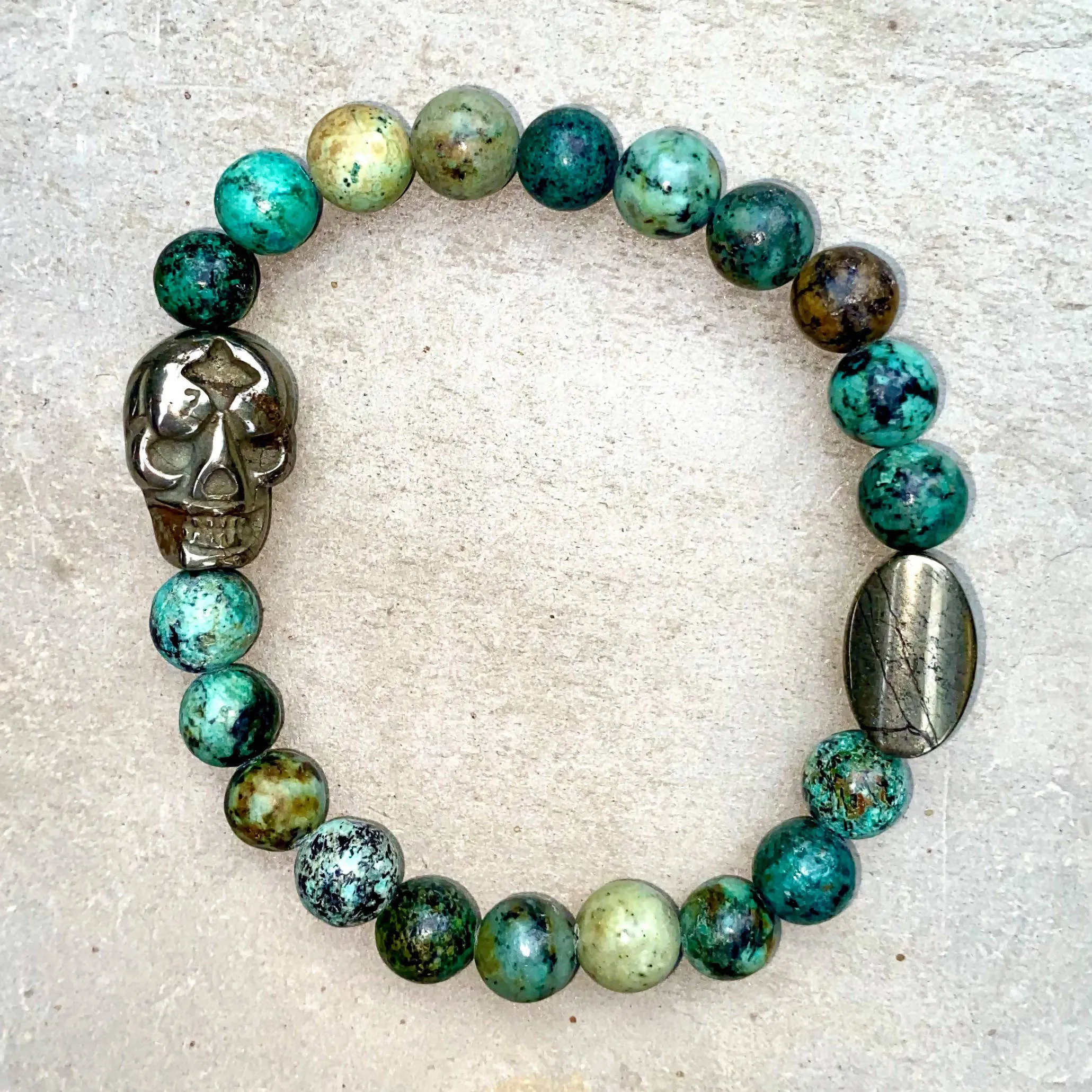 Pyrite Skull and Genuine Gemstones Men’s Stretch Bracelet