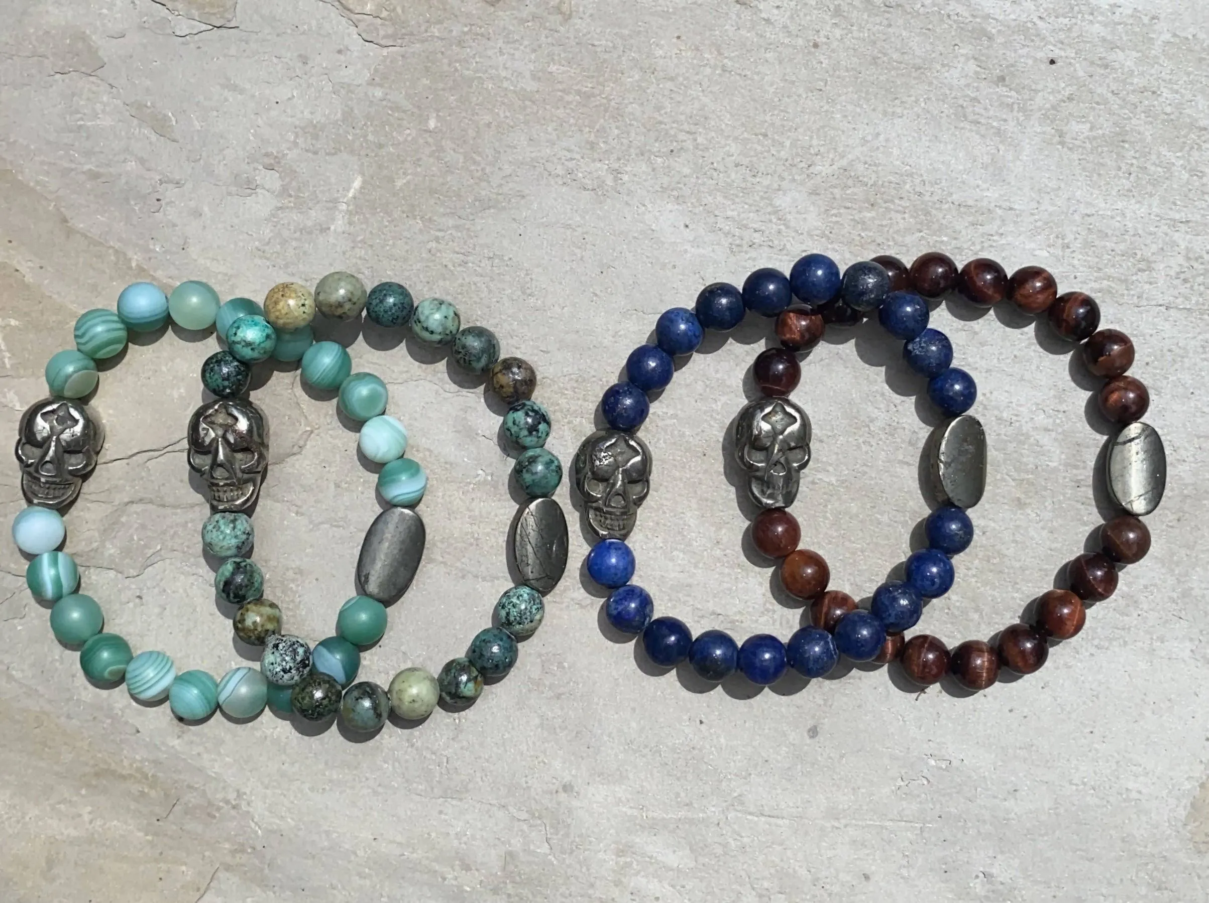 Pyrite Skull and Genuine Gemstones Men’s Stretch Bracelet