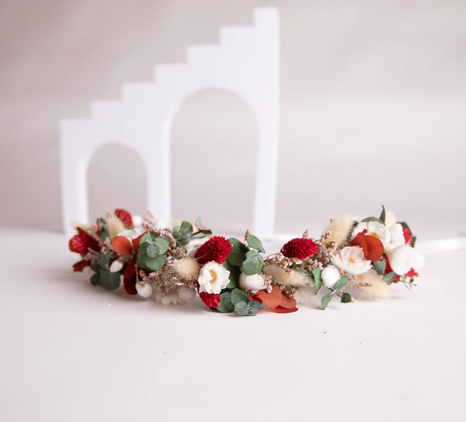 Red Canary Grass, Daisies and Preserved Eucalyptus Wildflfower Crown With Sea Lavender