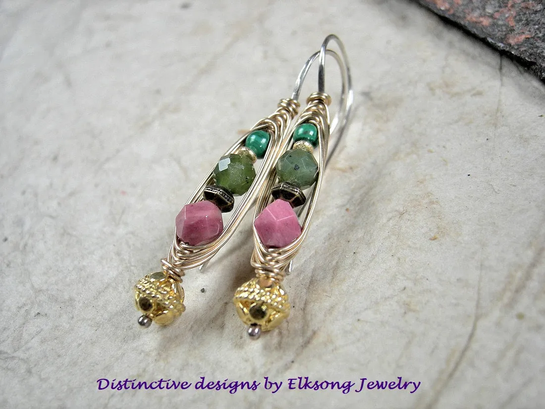 Rose Bud Wrapped Hook Earrings, Pink & Green Gemstone, 22kt Gold