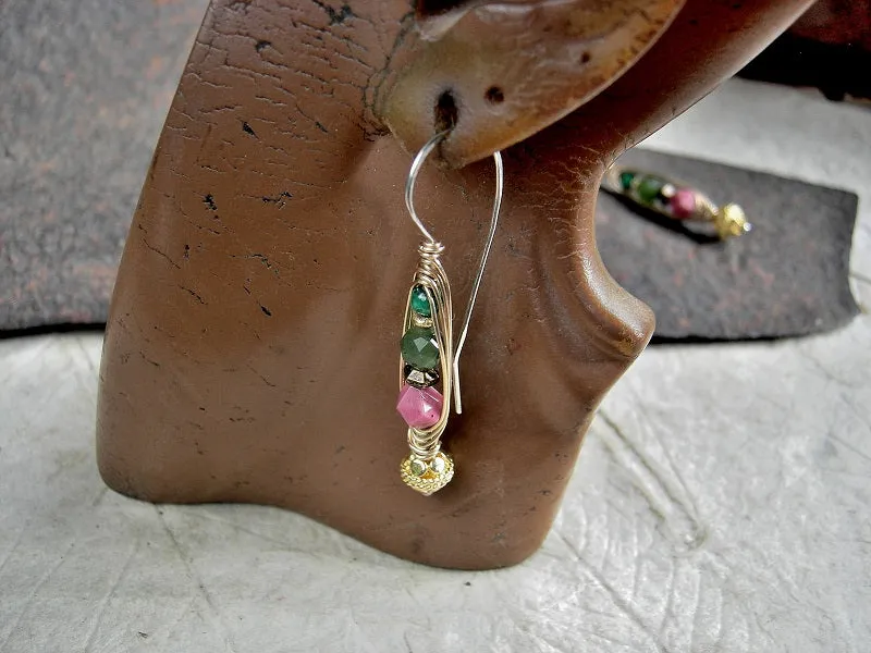 Rose Bud Wrapped Hook Earrings, Pink & Green Gemstone, 22kt Gold