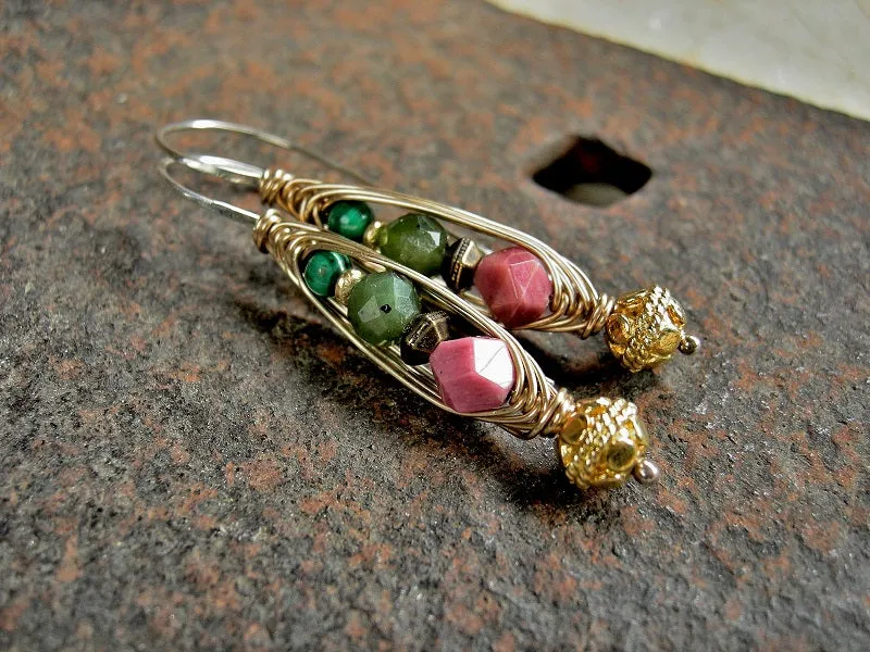 Rose Bud Wrapped Hook Earrings, Pink & Green Gemstone, 22kt Gold