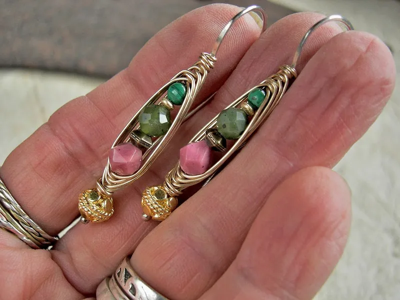 Rose Bud Wrapped Hook Earrings, Pink & Green Gemstone, 22kt Gold