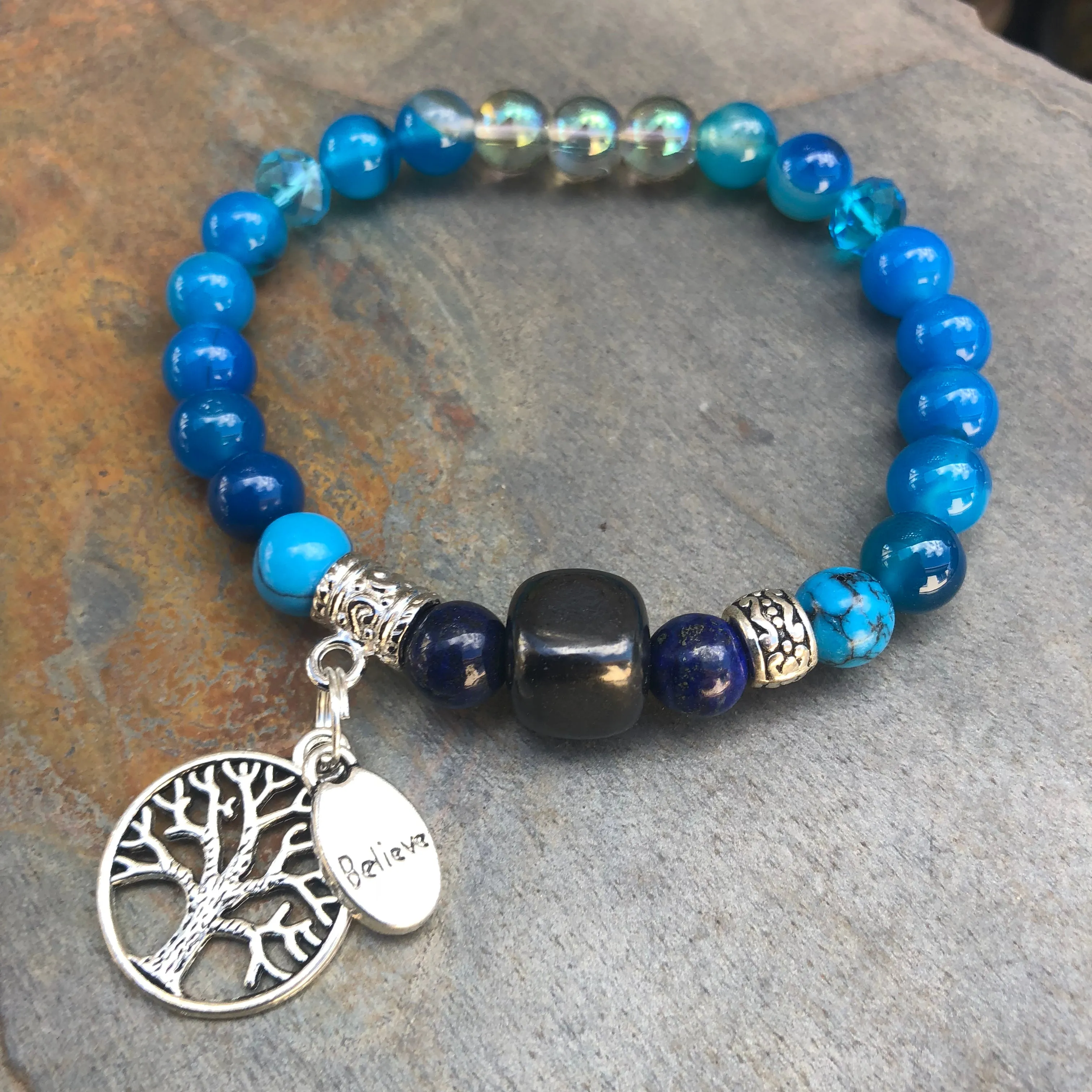 Shungite Amplified THROAT Chakra Bracelet with Tree of Life and BELIEVE Charms ~ medium  [#30]
