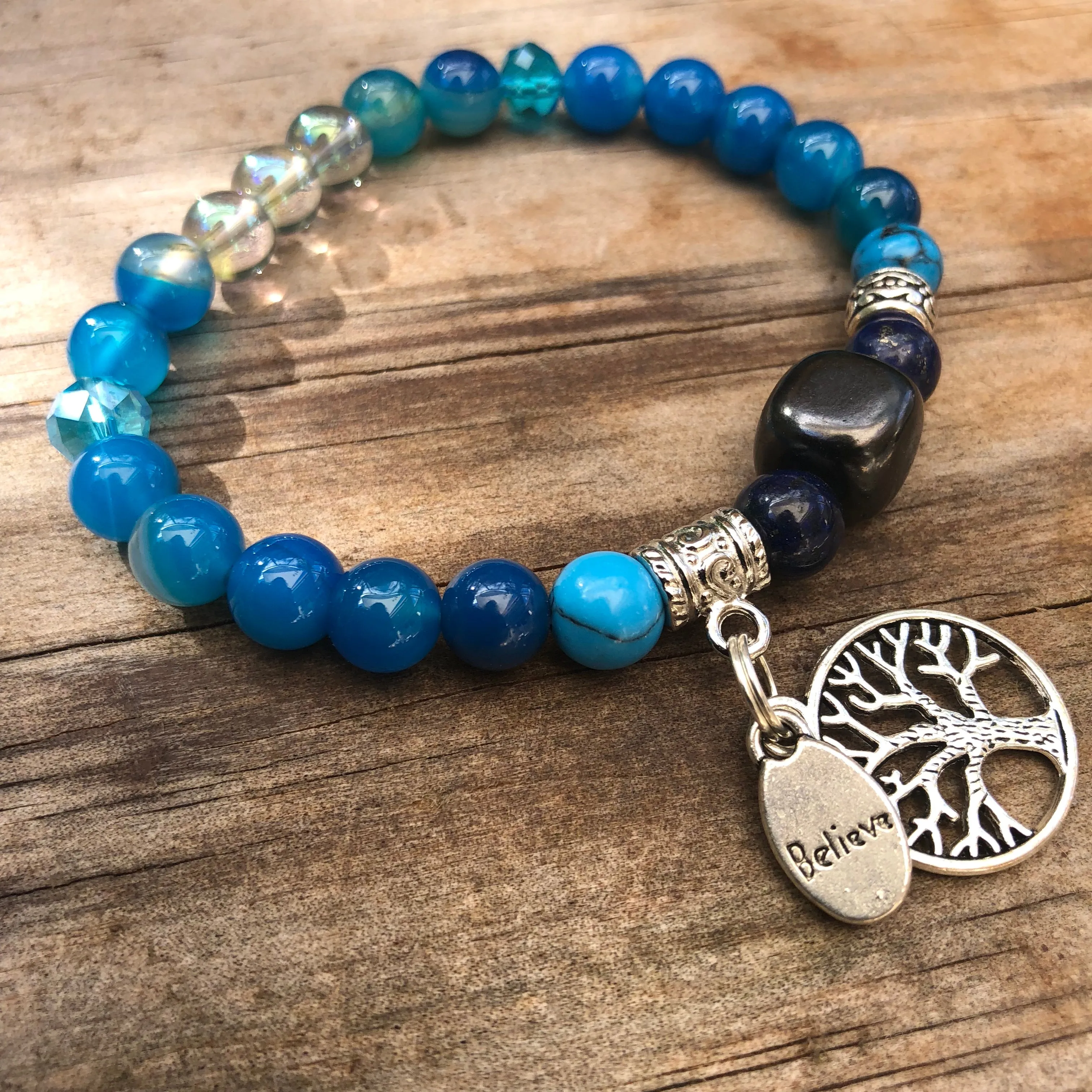 Shungite Amplified THROAT Chakra Bracelet with Tree of Life and BELIEVE Charms ~ medium  [#30]