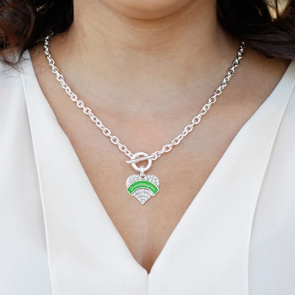 Silver Emerald Green Granddaughter Pave Heart Charm Toggle Necklace