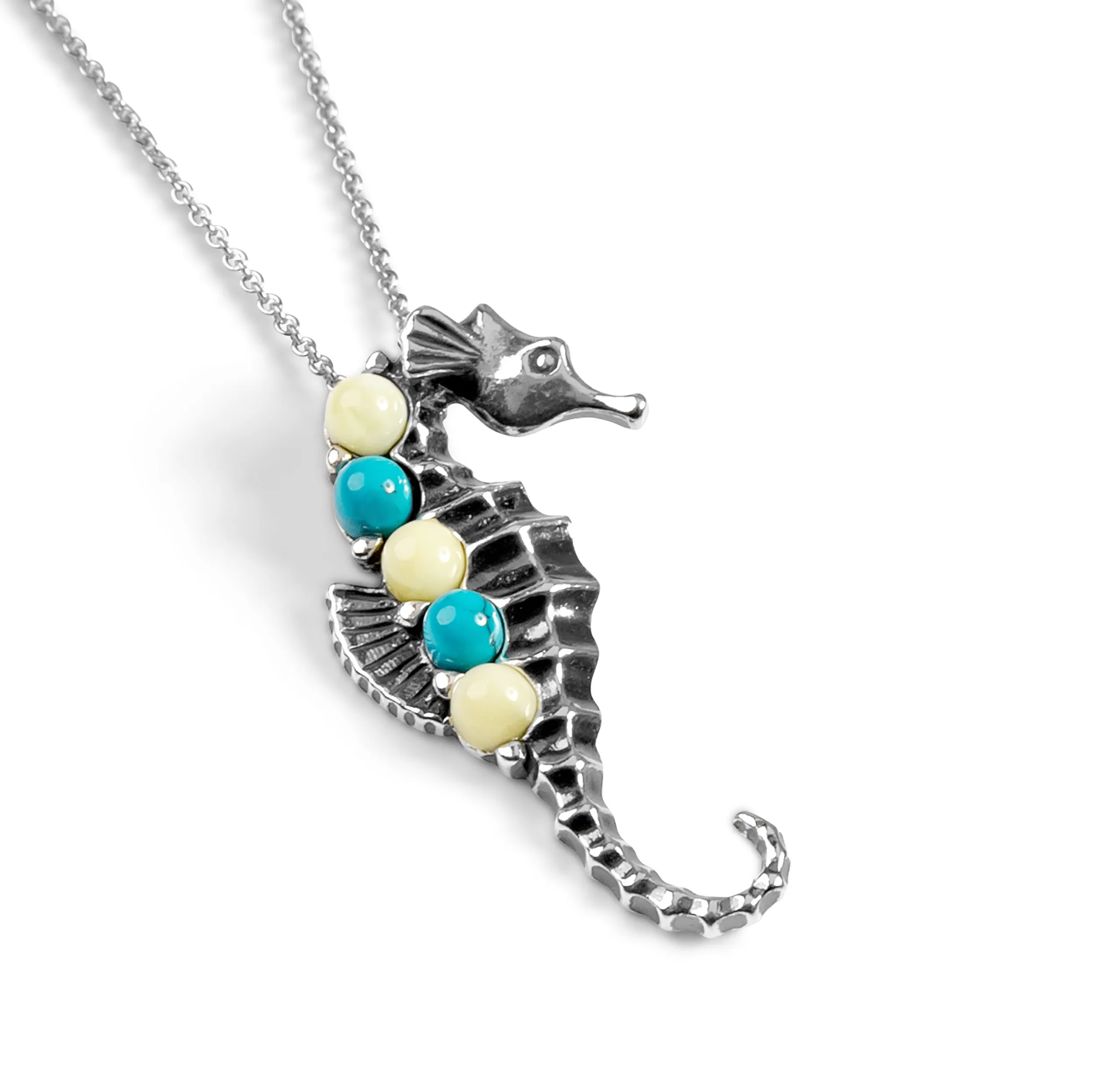 SMALL SEAHORSE NECKLACE IN SILVER, TURQUOISE AND AMBER