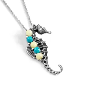SMALL SEAHORSE NECKLACE IN SILVER, TURQUOISE AND AMBER