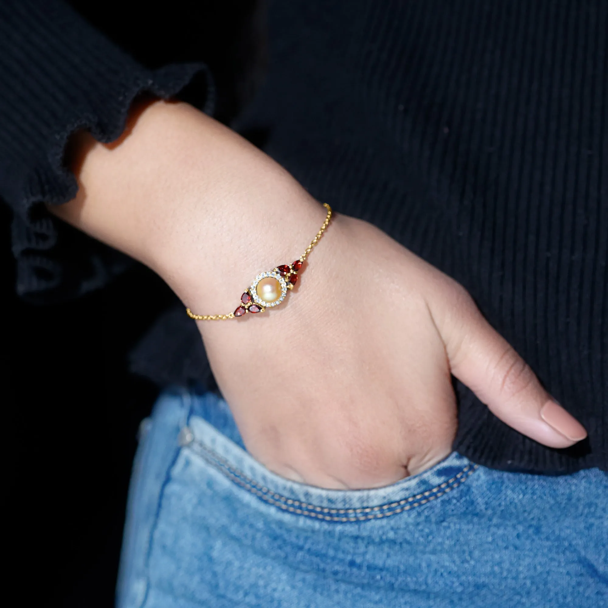 South Sea Pearl Chain Bracelet with Garnet and Diamond