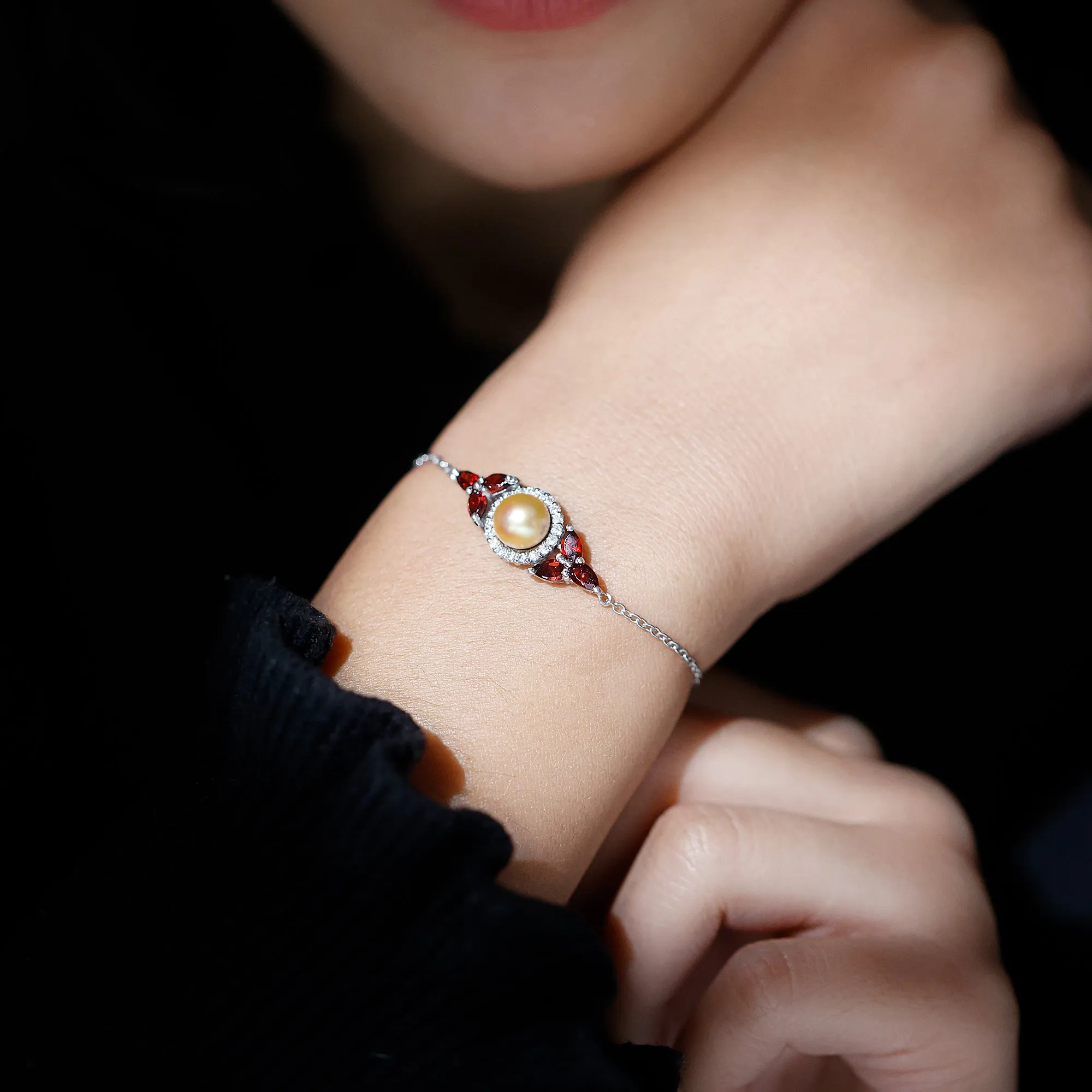South Sea Pearl Chain Bracelet with Garnet and Diamond