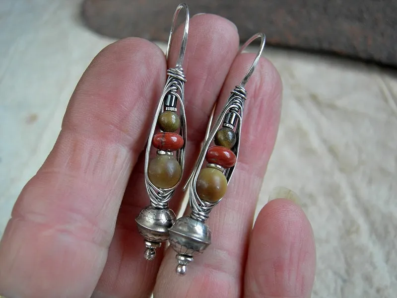 Sterling Bench Bead Wrapped Hook Earrings, Red & Gold Gemstone