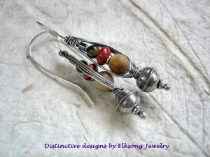 Sterling Bench Bead Wrapped Hook Earrings, Red & Gold Gemstone