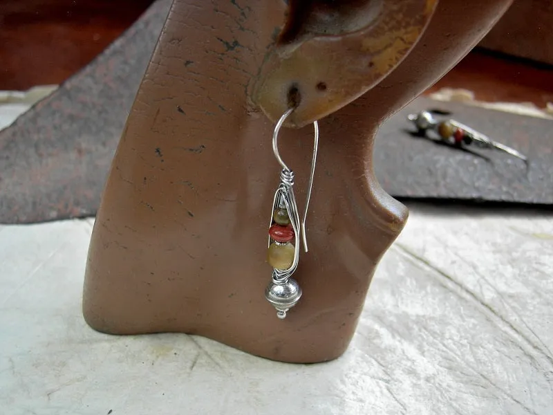 Sterling Bench Bead Wrapped Hook Earrings, Red & Gold Gemstone