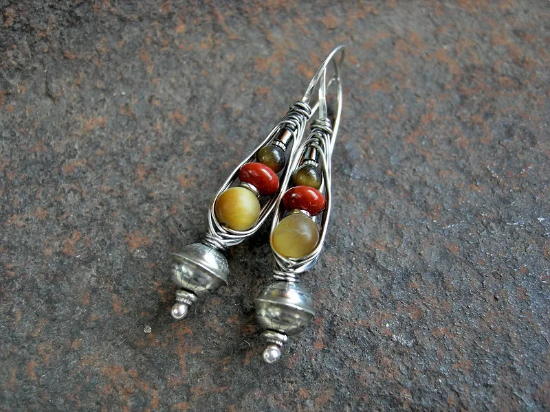 Sterling Bench Bead Wrapped Hook Earrings, Red & Gold Gemstone