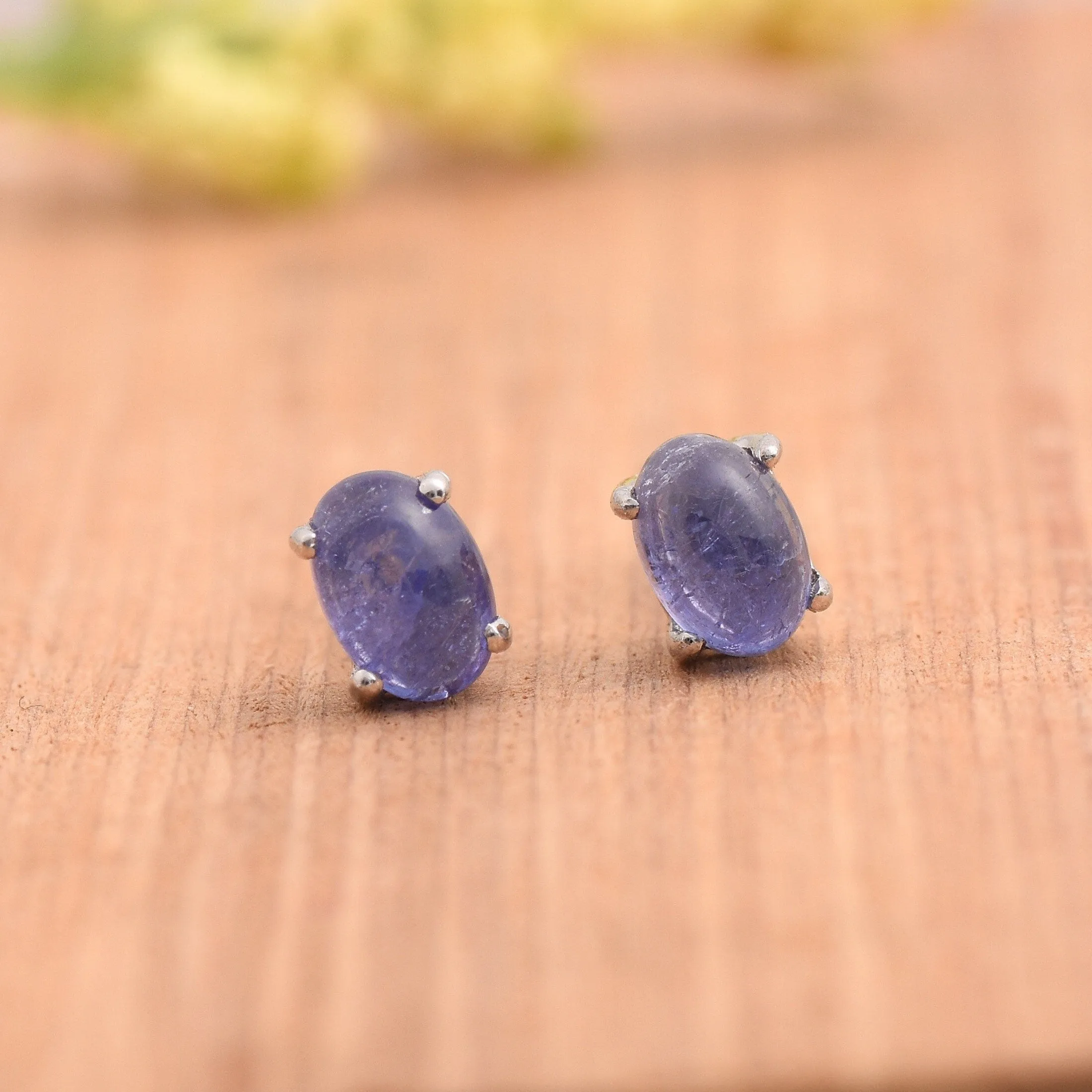 Tanzanite Cabochons Silver Stud Earrings