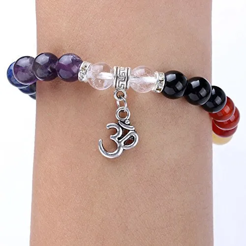 Unique 8mm Natural Stone Chakra Yoga Beads Prayer Mala Aum Pendant Stretch Charm Bracelets 1pcs