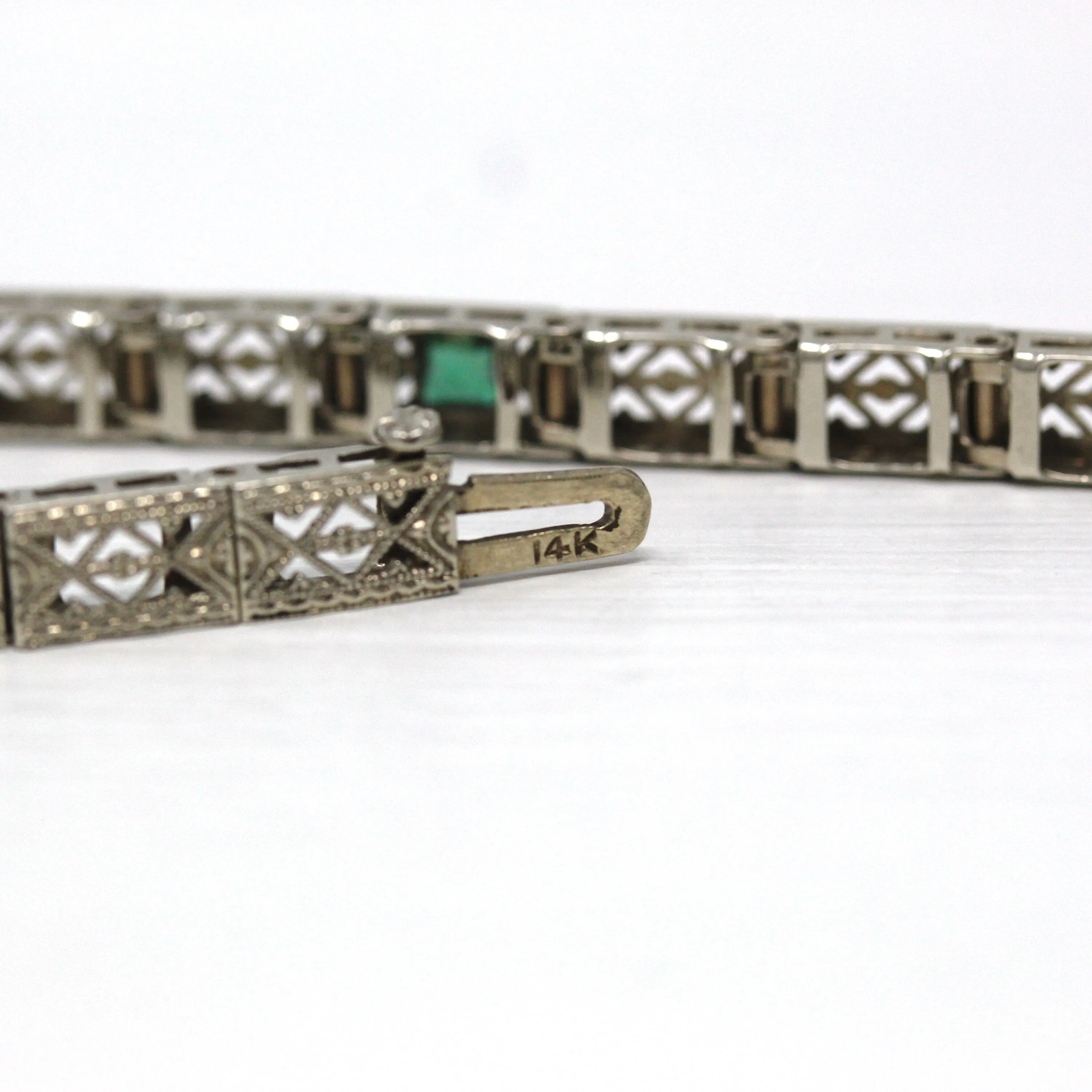Vintage Filigree Bracelet - Antique 14k White Gold Simulated Emerald Line Bracelet - 1920s Art Deco Fine Garnet Doublet 7 Inch Fine Jewelry