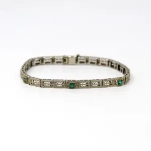 Vintage Filigree Bracelet - Antique 14k White Gold Simulated Emerald Line Bracelet - 1920s Art Deco Fine Garnet Doublet 7 Inch Fine Jewelry