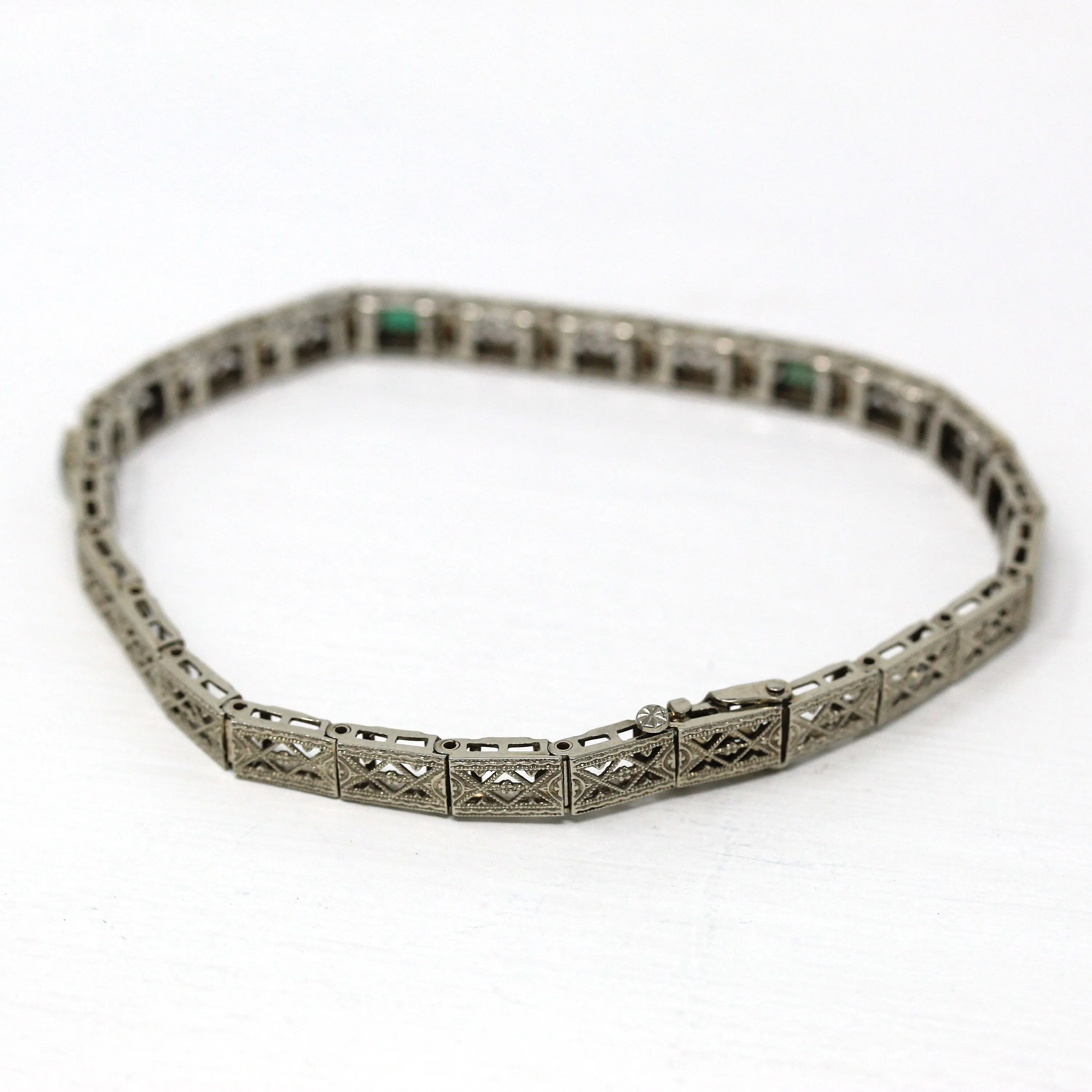 Vintage Filigree Bracelet - Antique 14k White Gold Simulated Emerald Line Bracelet - 1920s Art Deco Fine Garnet Doublet 7 Inch Fine Jewelry
