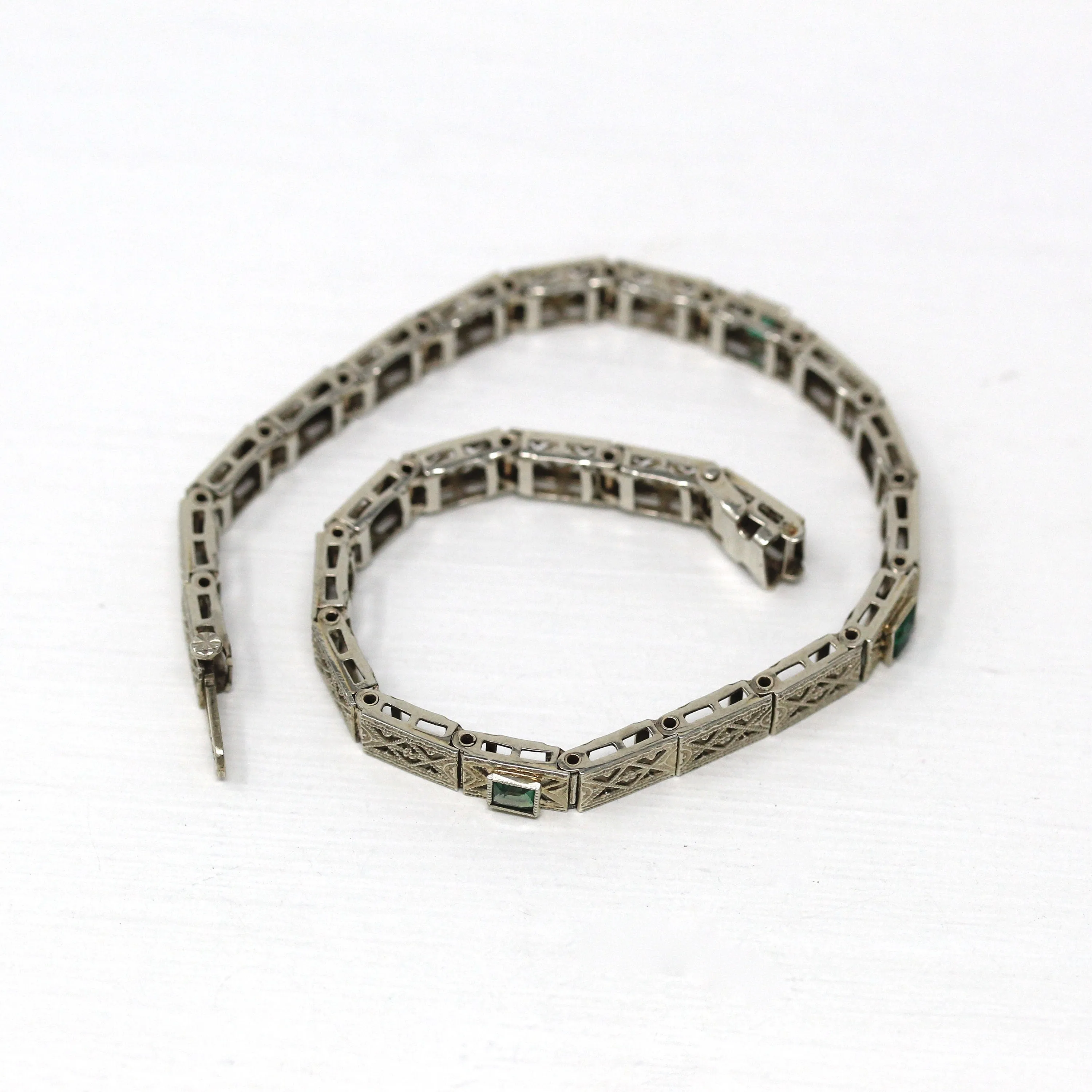 Vintage Filigree Bracelet - Antique 14k White Gold Simulated Emerald Line Bracelet - 1920s Art Deco Fine Garnet Doublet 7 Inch Fine Jewelry