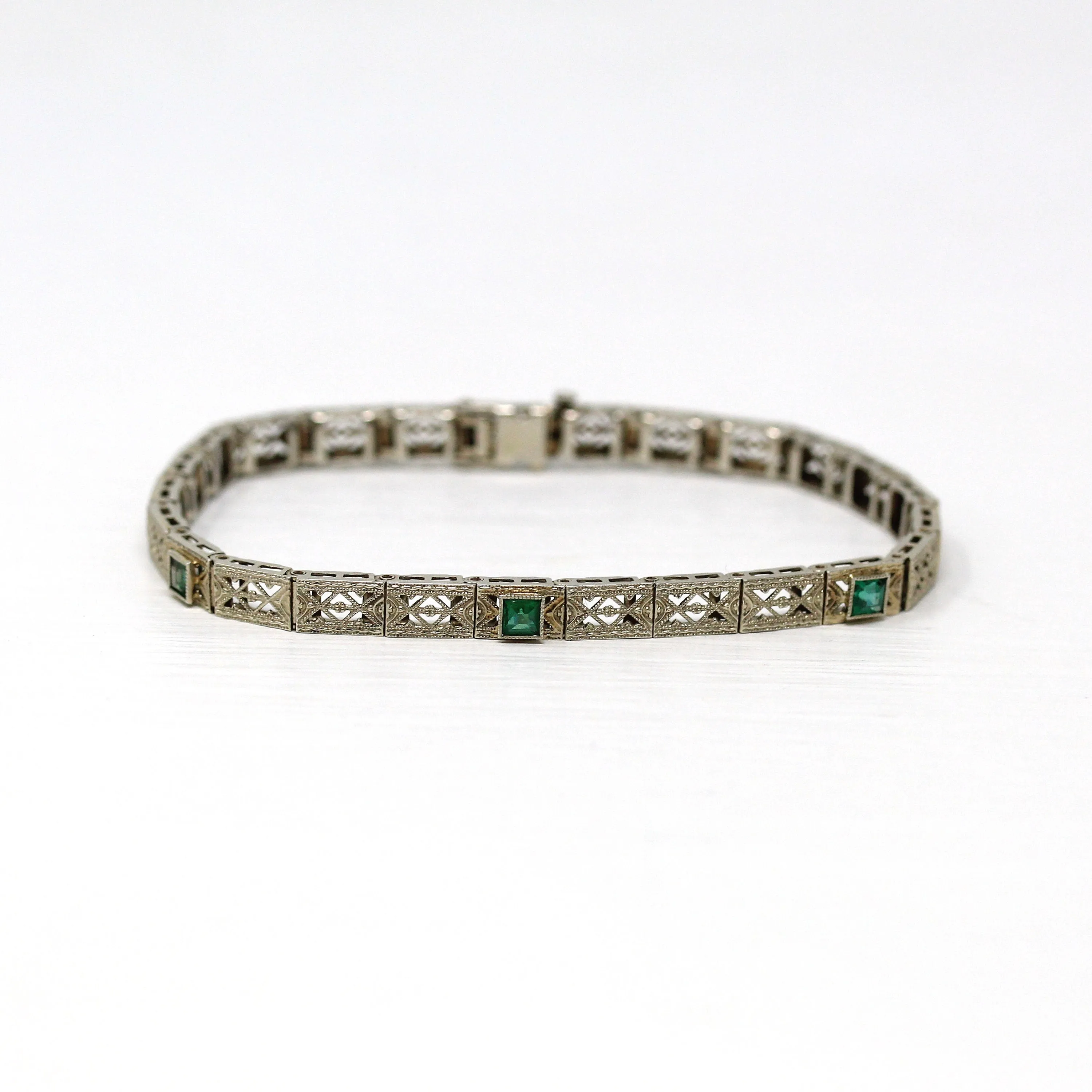 Vintage Filigree Bracelet - Antique 14k White Gold Simulated Emerald Line Bracelet - 1920s Art Deco Fine Garnet Doublet 7 Inch Fine Jewelry
