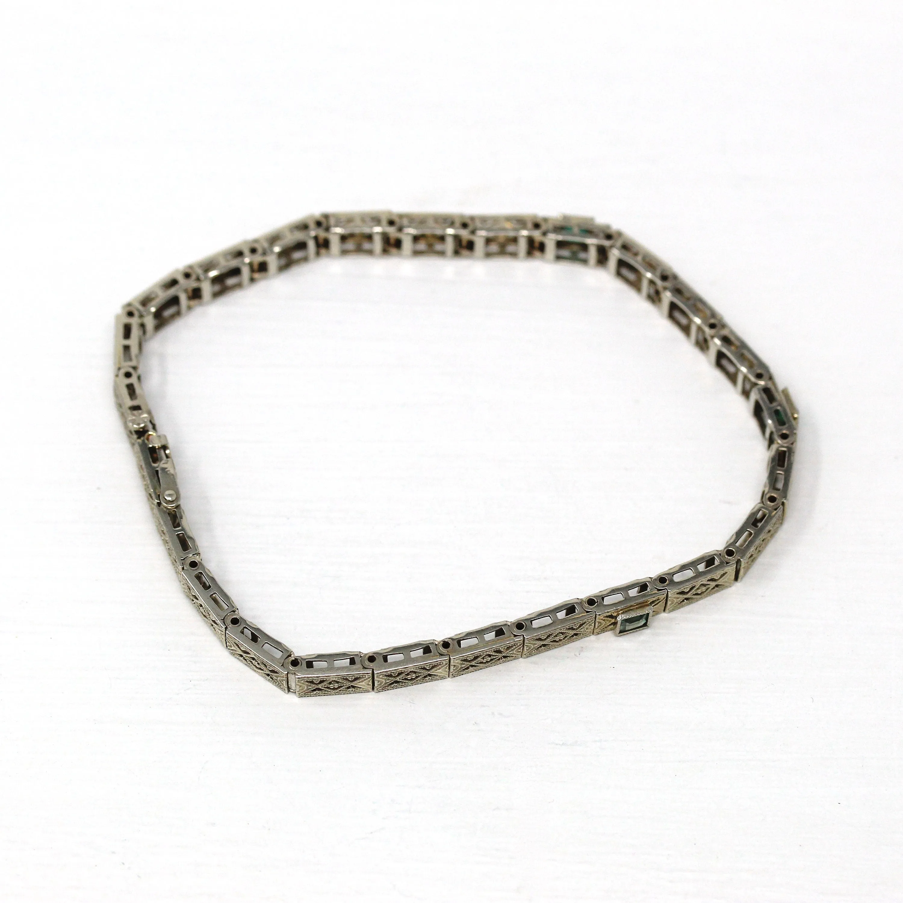 Vintage Filigree Bracelet - Antique 14k White Gold Simulated Emerald Line Bracelet - 1920s Art Deco Fine Garnet Doublet 7 Inch Fine Jewelry