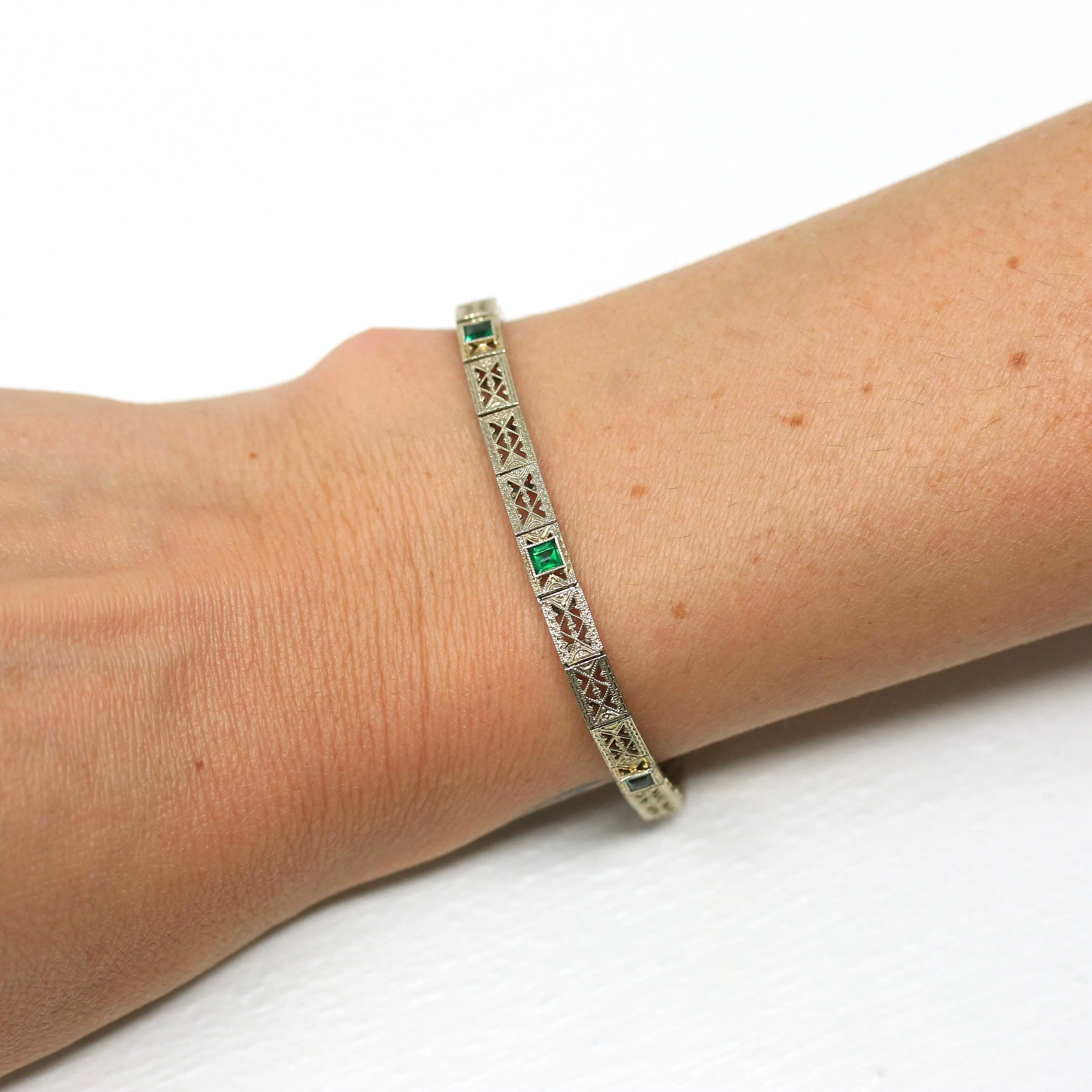 Vintage Filigree Bracelet - Antique 14k White Gold Simulated Emerald Line Bracelet - 1920s Art Deco Fine Garnet Doublet 7 Inch Fine Jewelry