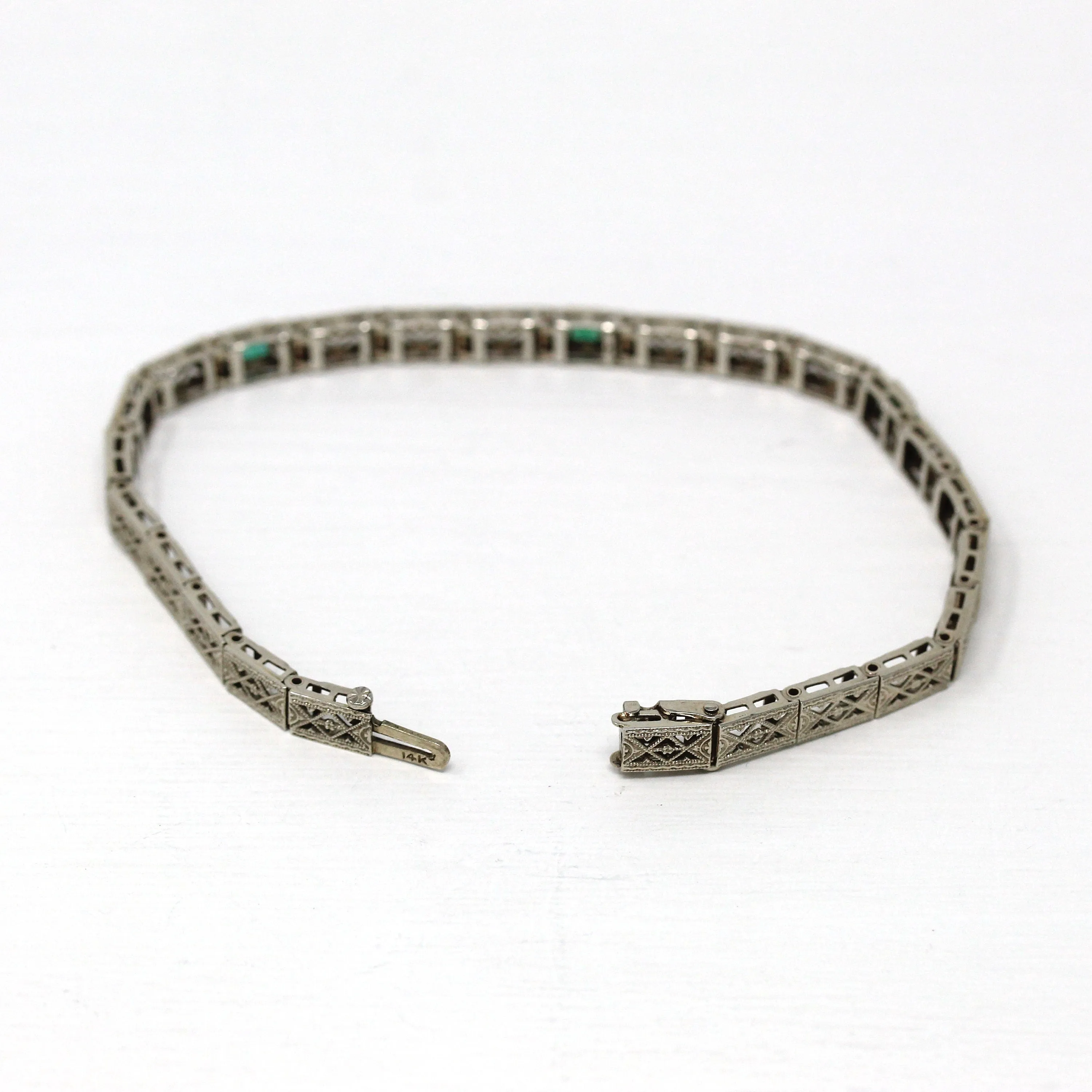 Vintage Filigree Bracelet - Antique 14k White Gold Simulated Emerald Line Bracelet - 1920s Art Deco Fine Garnet Doublet 7 Inch Fine Jewelry