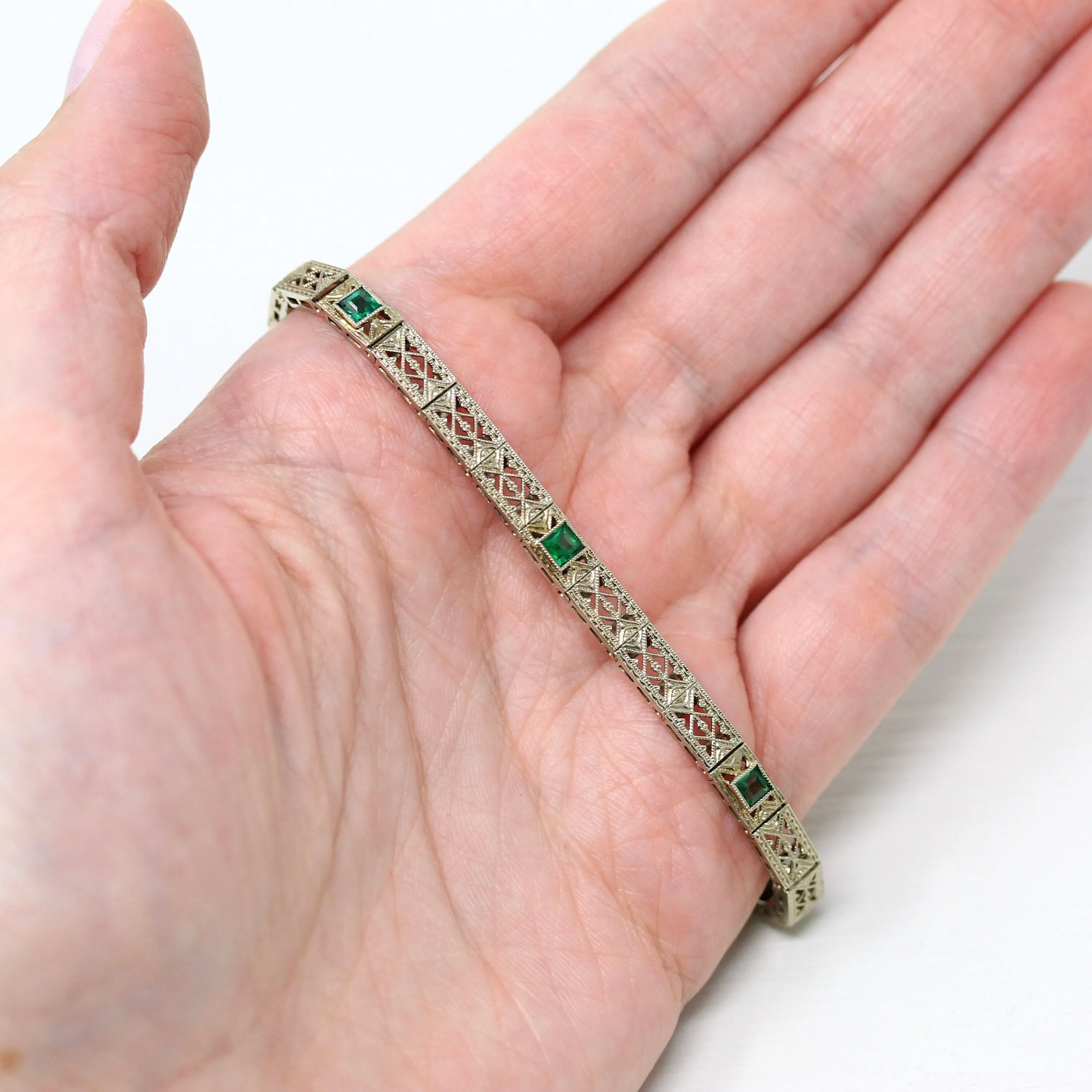 Vintage Filigree Bracelet - Antique 14k White Gold Simulated Emerald Line Bracelet - 1920s Art Deco Fine Garnet Doublet 7 Inch Fine Jewelry