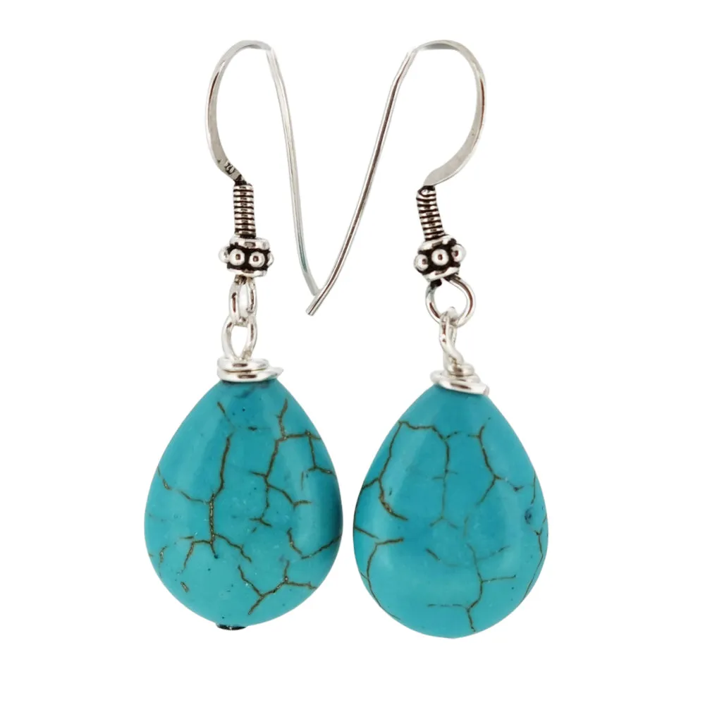 Women's Blue Turquoise Earrings TearDrop Made with 925 Silver Hook