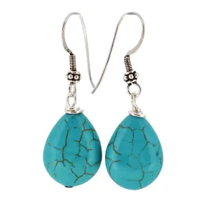Women's Blue Turquoise Earrings TearDrop Made with 925 Silver Hook