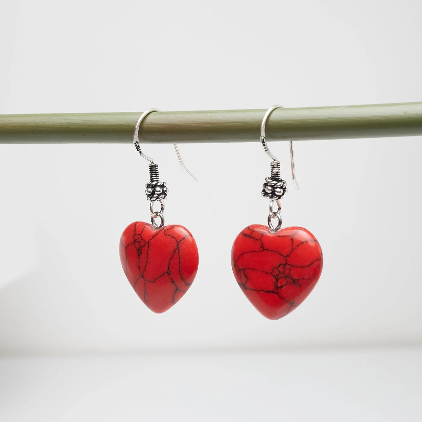Women's Handmade Natural Red Turquoise Gemstone Heart Shape Sterling Silver Drop Earrings