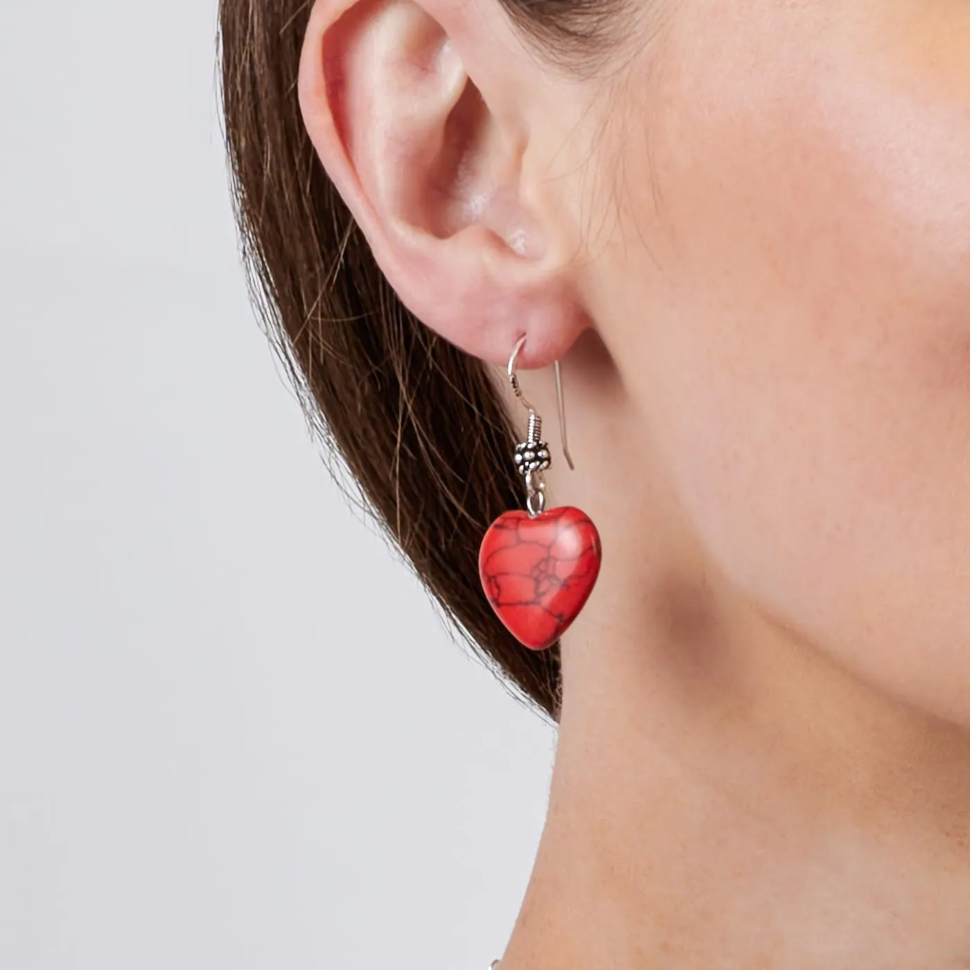 Women's Handmade Natural Red Turquoise Gemstone Heart Shape Sterling Silver Drop Earrings