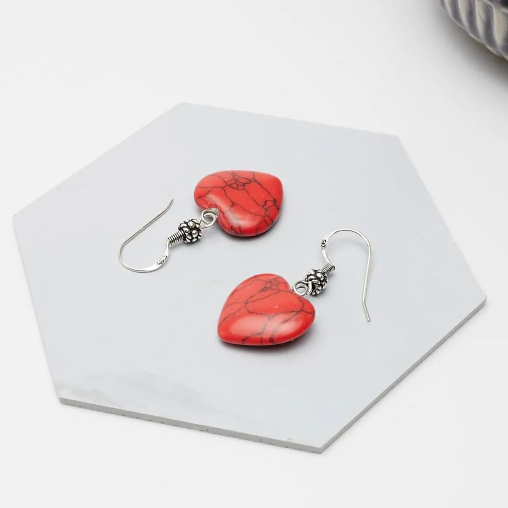 Women's Handmade Natural Red Turquoise Gemstone Heart Shape Sterling Silver Drop Earrings