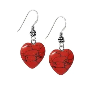 Women's Handmade Natural Red Turquoise Gemstone Heart Shape Sterling Silver Drop Earrings